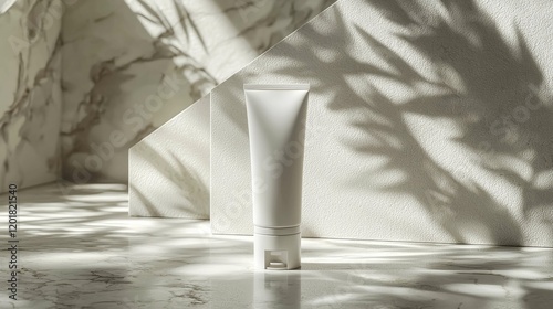 A minimalist white tube standing alone on a marble surface, with soft shadows cast by nearby greenery, creating an elegant display. Perfect for skincare products.