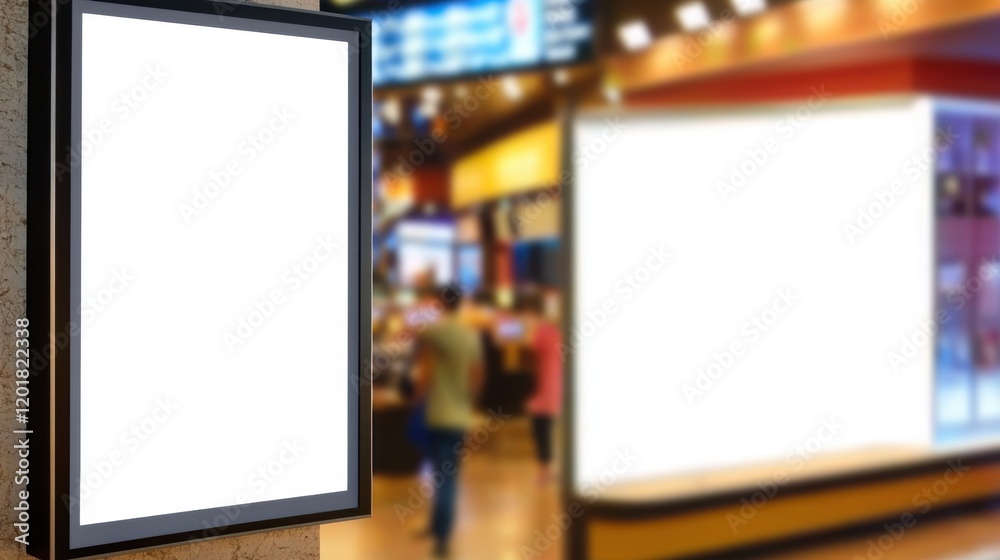 blank showcase billboard or advertising light box for your text message or media content with blurred image of ticket sales counter at movie theater, advertisement, marketing, entertainment concept blank showcase billboard or advertising light box for your text message or media content with blurred image of ticket sales counter at movie theater, advertisement, marketing, entertainment concept