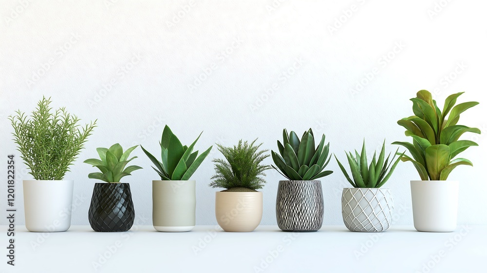 A row of minimalistic potted plants, each in different geometric pots, on a pristine white surface. A row of minimalistic potted plants, each in different geometric pots, on a pristine white surface.