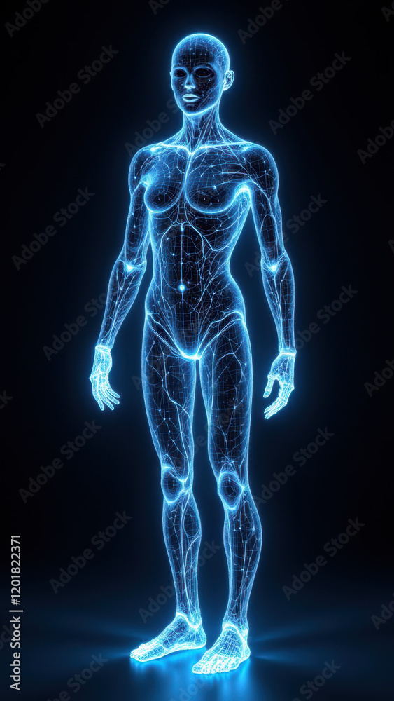 AI-generated human figure, glowing blue with digital lines and patterns. Futuristic representation of a humanoid robot or avatar.