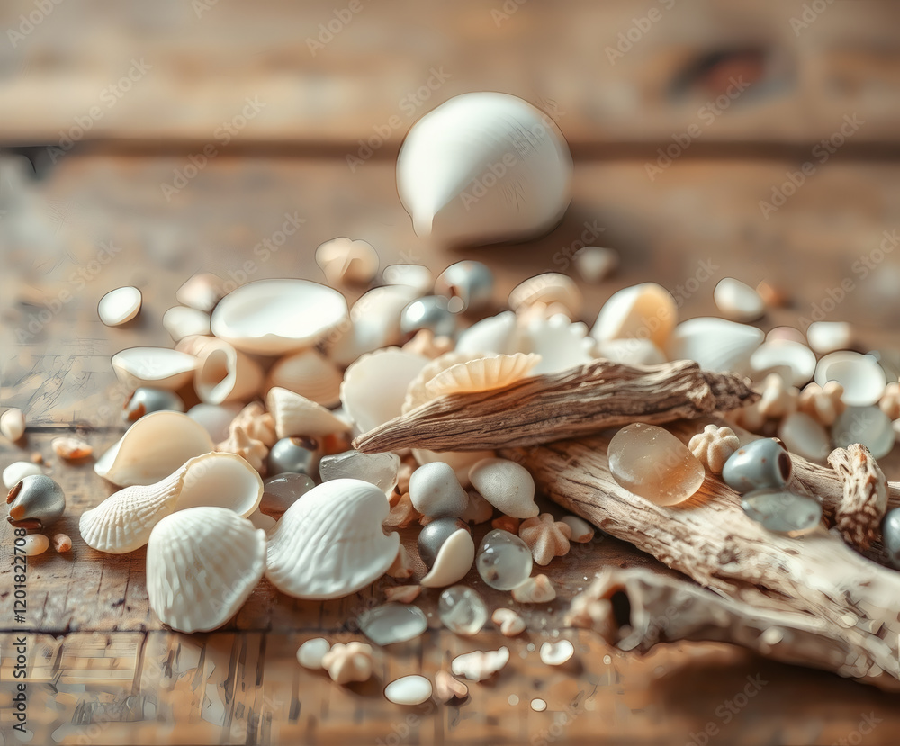 Fototapeta premium Beautiful collection of seashells and driftwood displayed on rustic wooden surface captured in natural light