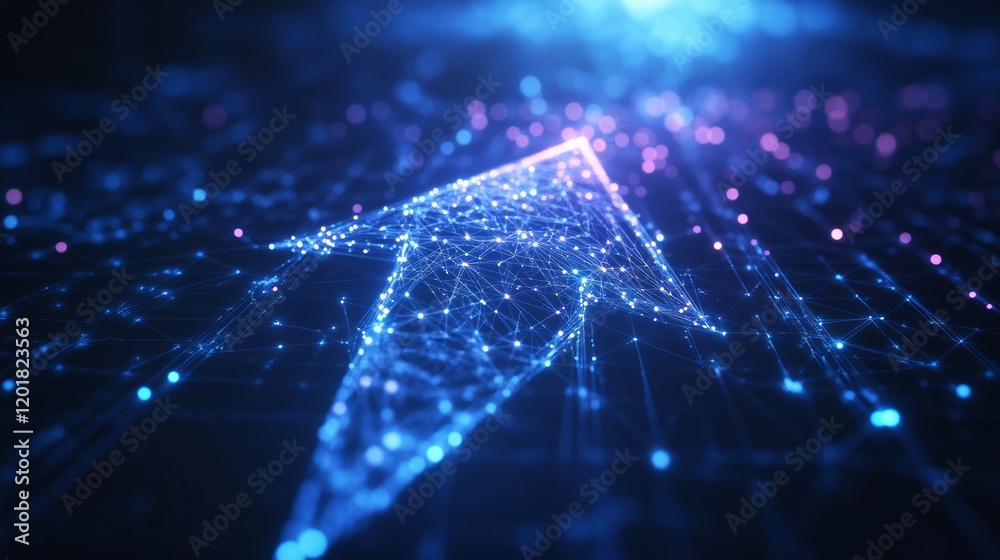 Obraz premium Abstract arrow pointing down with glowing dots on a dark blue background