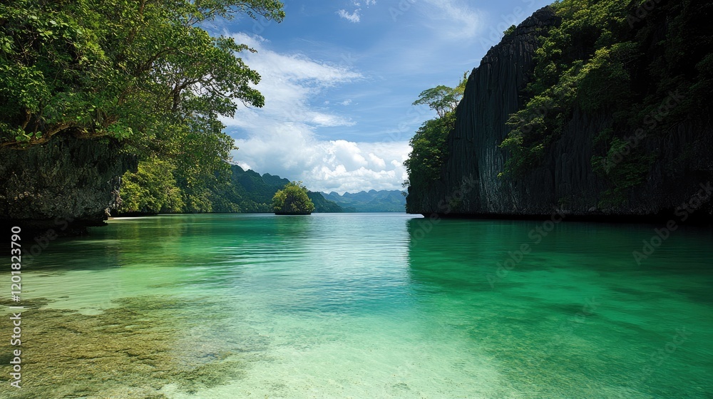 Obraz premium A lagoon with crystal-clear water bordered by mangrove trees.