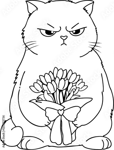 a grumpy-looking cat holding a bouquet of flowers as valentine gift coloring page illustration