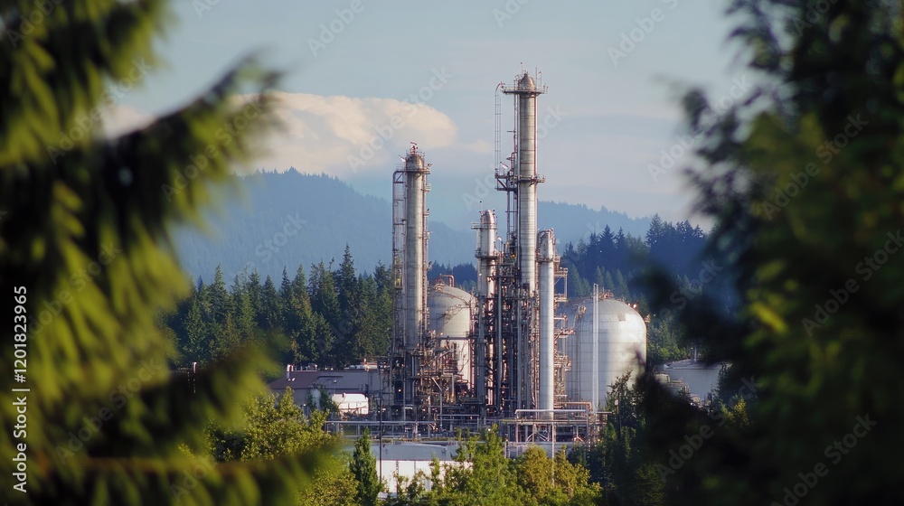 Obraz premium A large industrial refinery framed by tall trees in the distance.