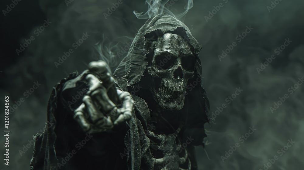 Grim Reaper points, smoky background, Halloween concept, game art Grim Reaper points, smoky background, Halloween concept, game art