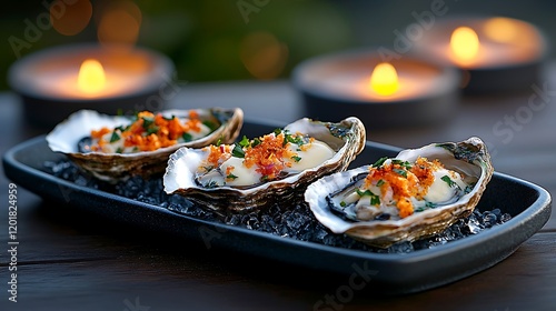 Gourmet Oysters on Ice with Candlelit Ambiance for a Romantic Dining Experience. photo