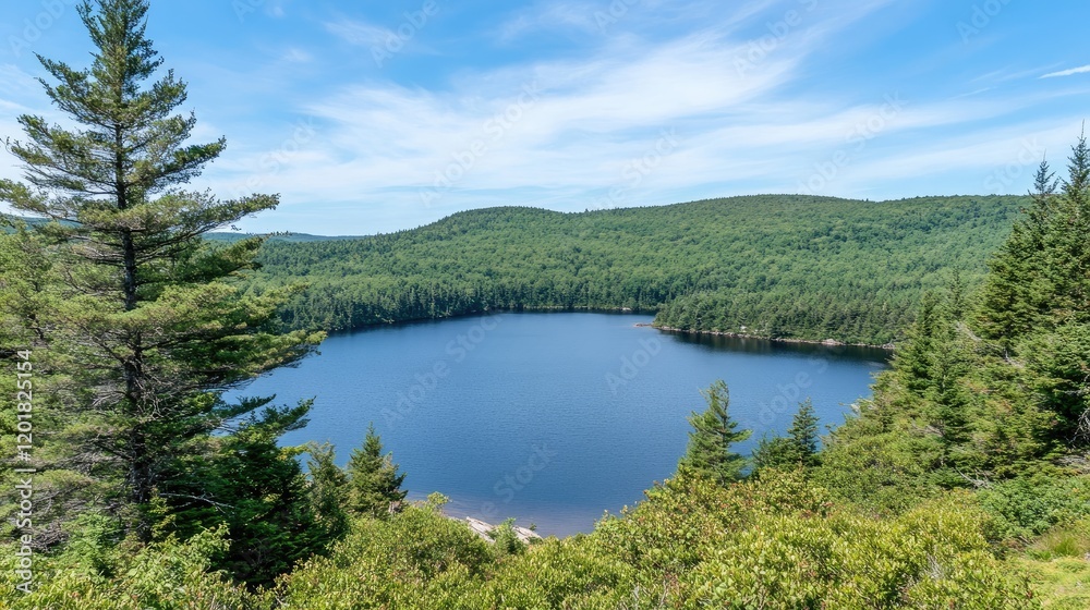 A mountain lake surrounded by evergreens with a bright blue sky above. A mountain lake surrounded by evergreens with a bright blue sky above.