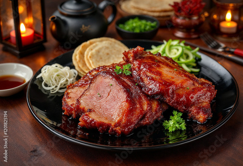 Festive duck dish with traditional Chinese spices and herbs.