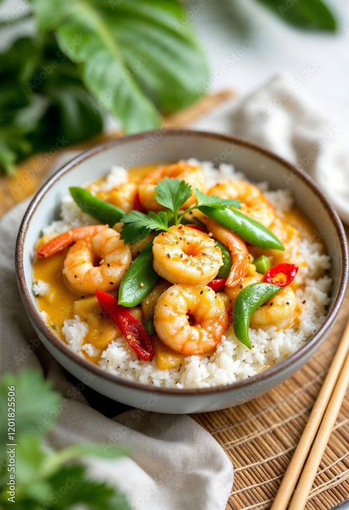 Coconut curry with tiger prawns, vegetables, and fresh greens. Coconut curry with tiger prawns, vegetables, and fresh greens.