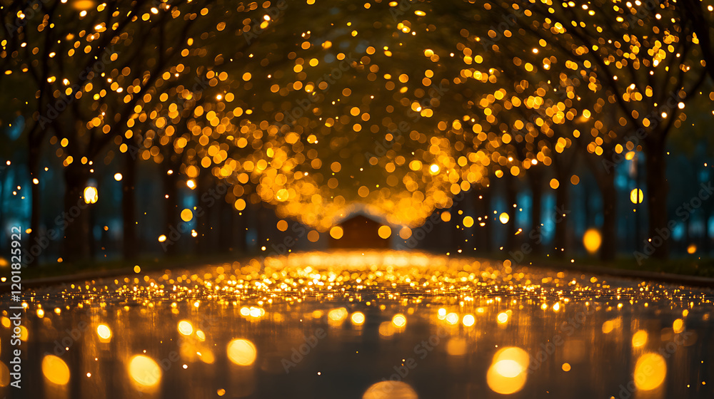 Naklejka premium blurred outdoor scene with tree-lined path illuminated by golden bokeh lights. 
