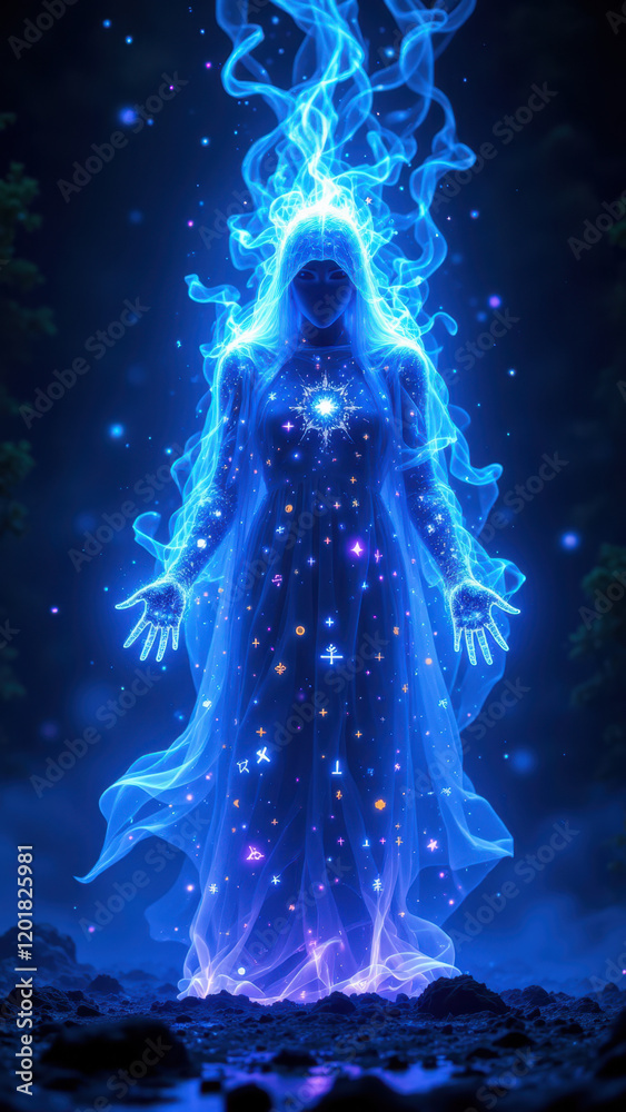 A mystical AI character radiating cosmic energy and surrounded by magical stars. A mystical AI character radiating cosmic energy and surrounded by magical stars.