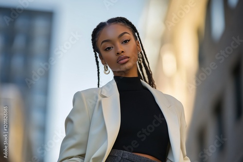 Modern street style: woman in cream blazer and white sneakers, urban backdrop