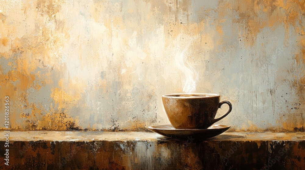 Steaming coffee cup on rustic surface, painted artwork. Steaming coffee cup on rustic surface, painted artwork.