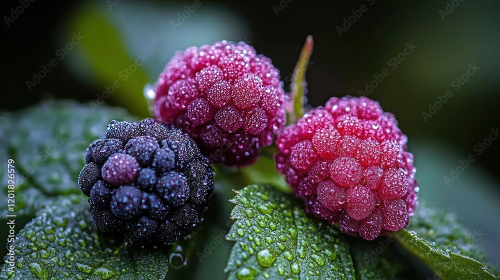 Dew-covered raspberries and blackberries on a leaf. Dew-covered raspberries and blackberries on a leaf.