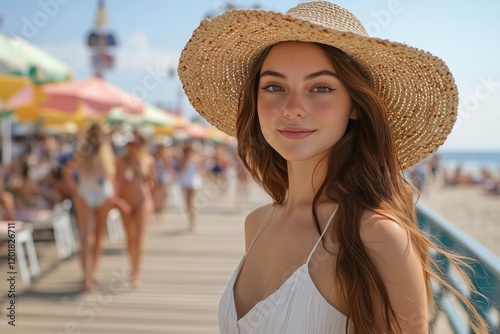 Elegant woman in a sun hat and sandals, surrounded by pastel umbrellas