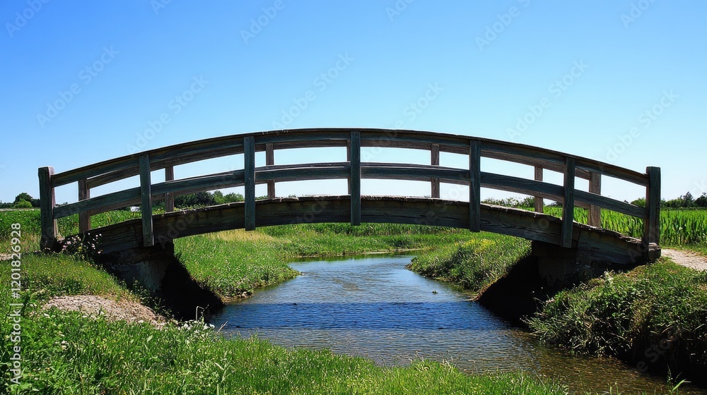 A rustic wooden bridge crossing a stream under the radiance of a clear blue sky. A rustic wooden bridge crossing a stream under the radiance of a clear blue sky.