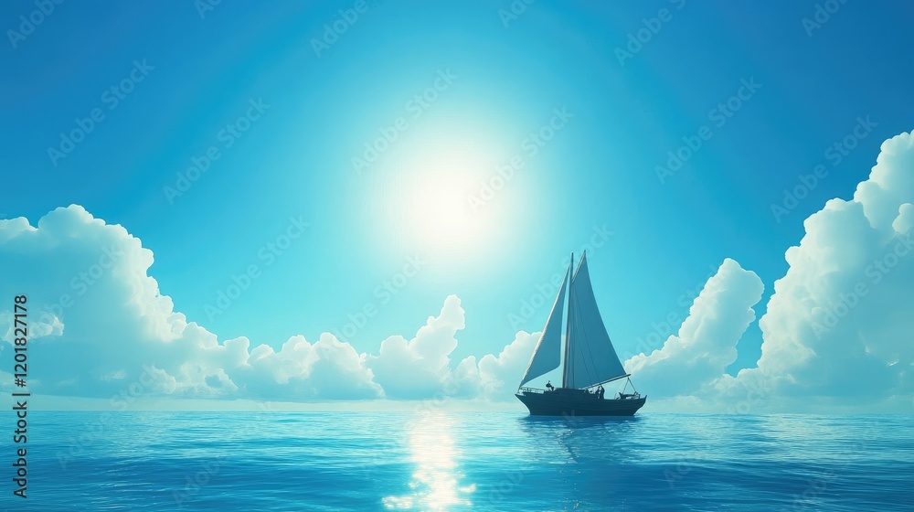 Naklejka premium A sailboat gliding across the sea under a brilliant blue sky.
