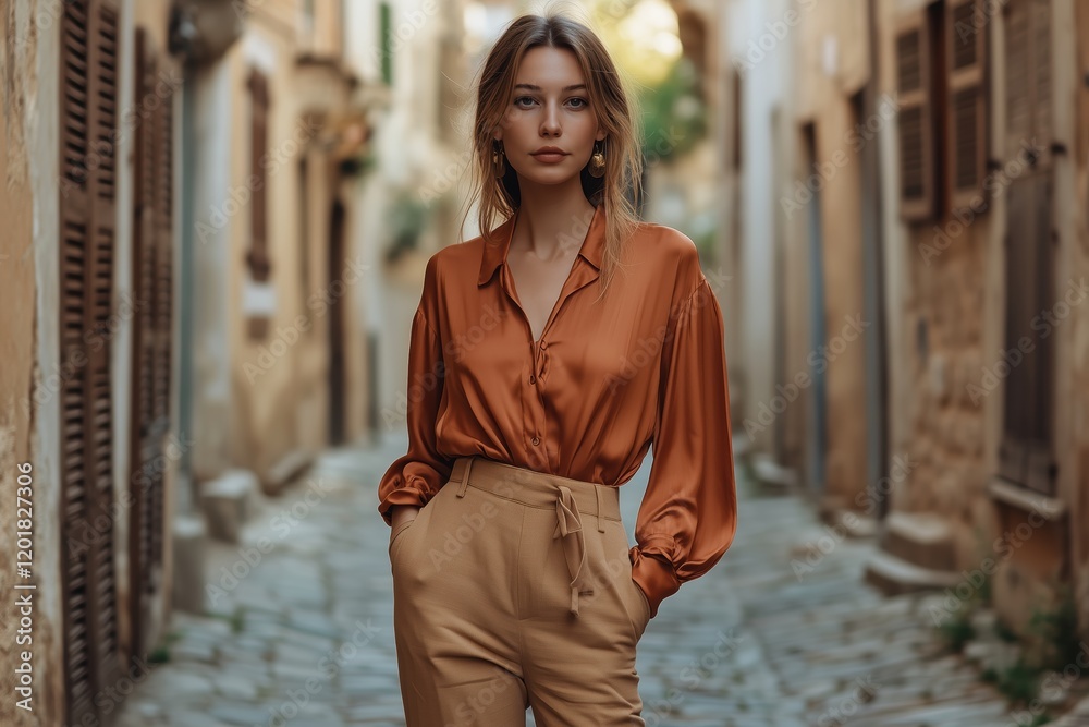 Fototapeta premium Woman in rust-colored blouse and linen trousers on a quiet cobblestone street