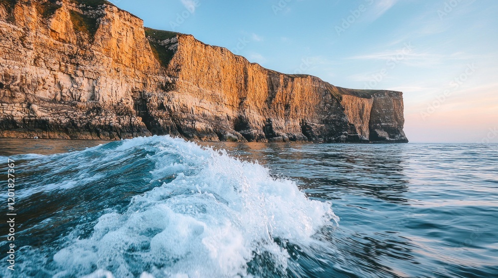 Dramatic ocean wave crashing against coastal cliffs at sunset. Dramatic ocean wave crashing against coastal cliffs at sunset.