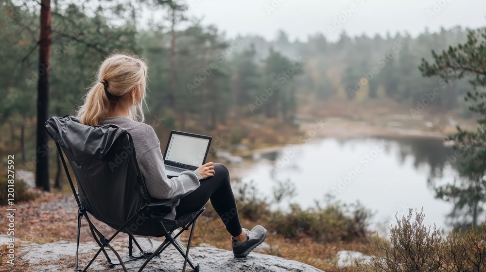 Fototapeta premium Woman working on laptop by a serene lake surrounded by trees in the early morning hours
