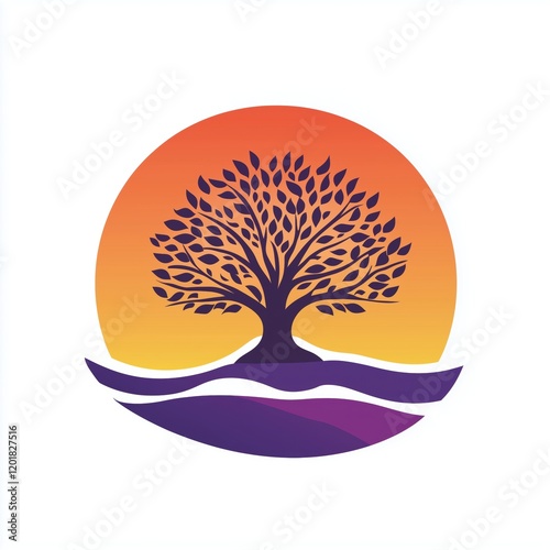 Polygonal design for meditation centers, tree and sunset as a symbol of peace photo