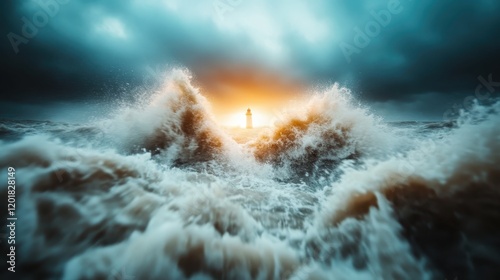 A lighthouse stands strong amidst crashing ocean waves under a stormy sky, symbolizing steadfastness and endurance against the natural elements powerfully. photo