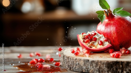 A detailed close-up of a pomegranate with seeds scattered around on a wooden surface, capturing the essence of freshness and natural beauty vibrantly. photo