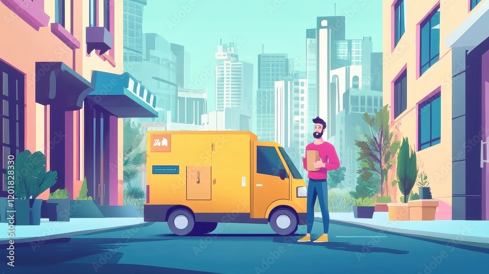 Naklejka premium Courier services flat design front view urban lifestyle animation vivid. 