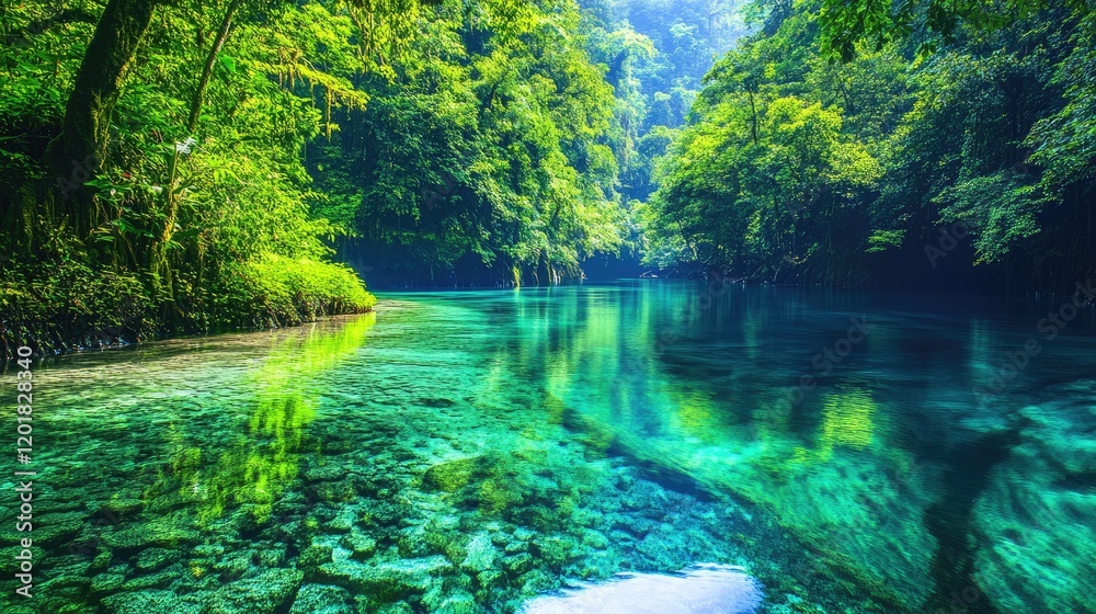 A serene riverbank with clear water reflecting the lush green forest. A serene riverbank with clear water reflecting the lush green forest.
