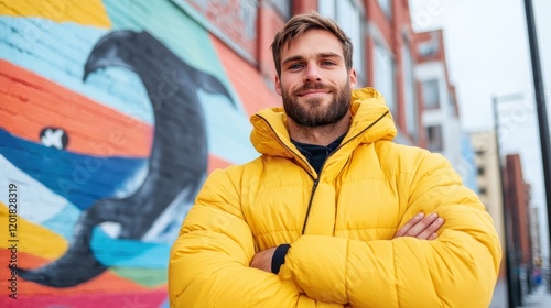 A smiling man stands confidently wearing a bright yellow jacket in front of a colorful mural featuring a whale, capturing urban vibrancy and self-assurance. photo