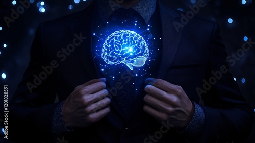 Holographic Digital Brain Held in Hands Representing Technology, Innovation, and Artificial Intelligence photo