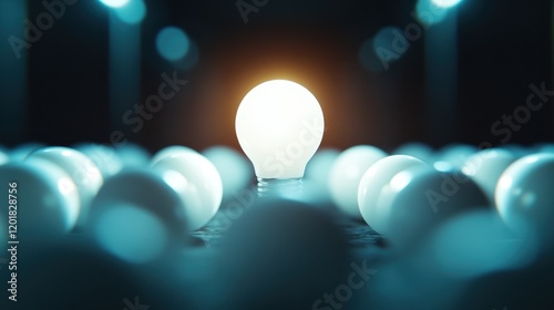 An artful depiction of a single light bulb aglow among numerous soft-focus white spheres captures the essence of uniqueness and light in the modern world.