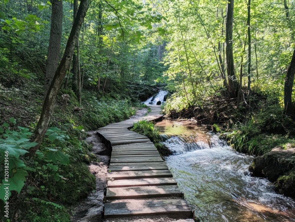 A wooden boardwalk path winds through a lush green forest with a small waterfall A wooden boardwalk path winds through a lush green forest with a small waterfall