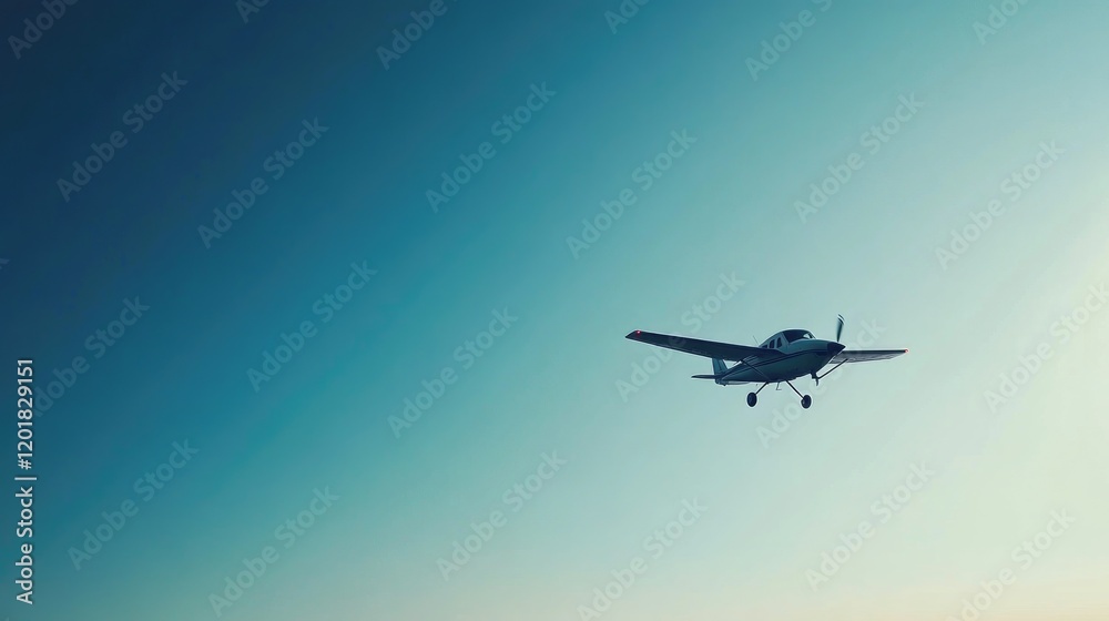A small plane flying high above a clear blue sky with no clouds in sight. A small plane flying high above a clear blue sky with no clouds in sight.