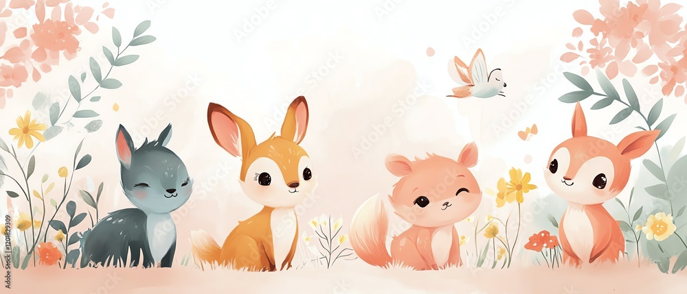Fototapeta premium pastel animal wallpaper, kids room design, generative AI artwork, adorable animal illustrations, soft and playful colors, children s bedroom decor, whimsical animals