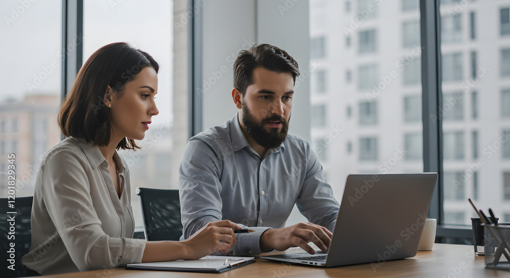Professional couple reviewing work on laptop in modern office with city view background Professional couple reviewing work on laptop in modern office with city view background