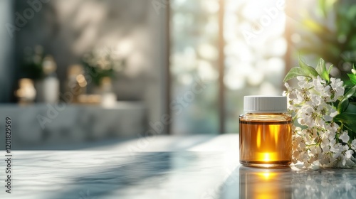 An elegant glass perfume bottle filled with amber liquid sits gracefully beside white flowers on a sunlit marble surface, exuding luxury and tranquility. photo