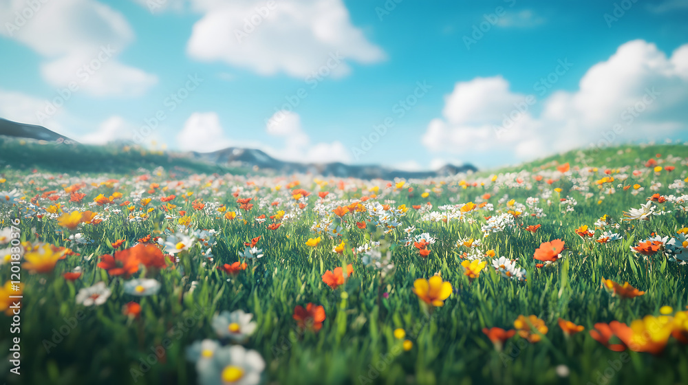 A Serene and Picturesque Sunny Field Bursting with Colorful Flowers Under a Clear Blue Sky A Serene and Picturesque Sunny Field Bursting with Colorful Flowers Under a Clear Blue Sky