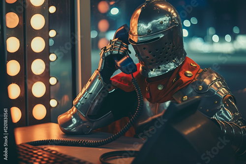 Knight in Shining Armor Talking on Retro Telephone in Modern Setting