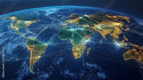 Digital globe with connected trade routes, global network, world trade. 