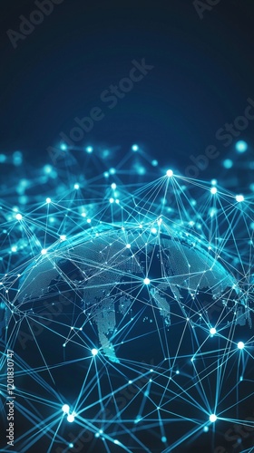 A global vertical network technology and the digital realm encircling planet earth, with empty space for text on a dark blue background. Concept: technology, future, network, stock, blue.
