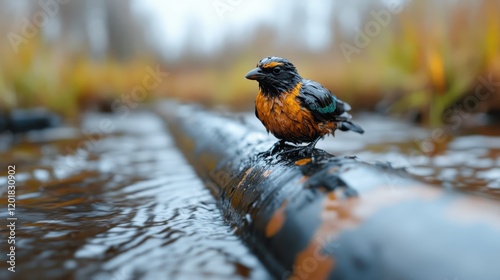 An orange and blue bird stands on a pipe, surrounded by flowing water. The scene captures a vivid interplay of colors and movement within a natural setting.