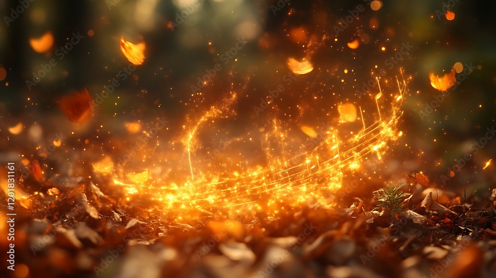 Naklejka premium Golden Music Notes Among Autumn Leaves