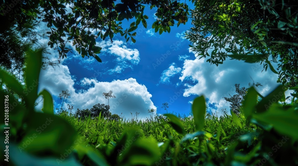 A vibrant blue sky seen from the perspective of lying on lush green grass. A vibrant blue sky seen from the perspective of lying on lush green grass.