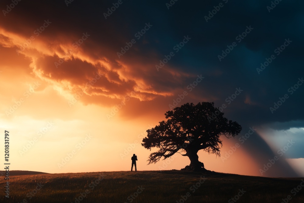Dramatic tornado clouds loom over a lone tree as a person stands observing the impending storm in the distance Dramatic tornado clouds loom over a lone tree as a person stands observing the impending storm in the distance