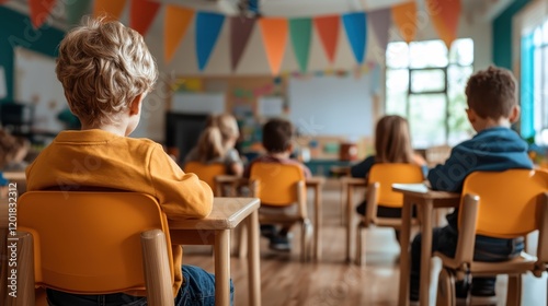 A classroom scene with young children sitting at their desks, engaged in learning activities amidst colorful decorations, reflecting education, focus, and growth.