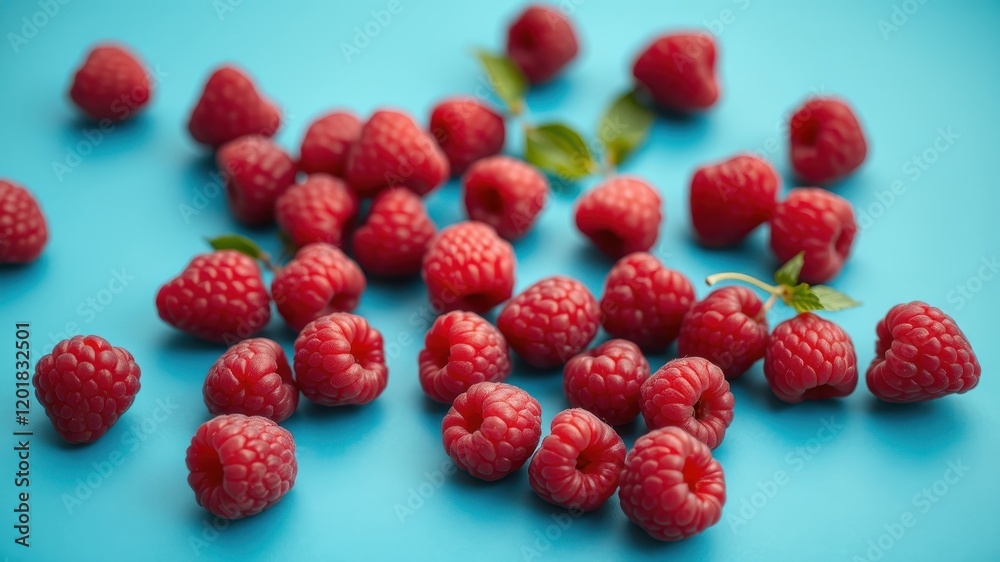 A scattering of ripe red raspberries against a vibrant blue background, a colorful display of nature's sweetness A scattering of ripe red raspberries against a vibrant blue background, a colorful display of nature's sweetness