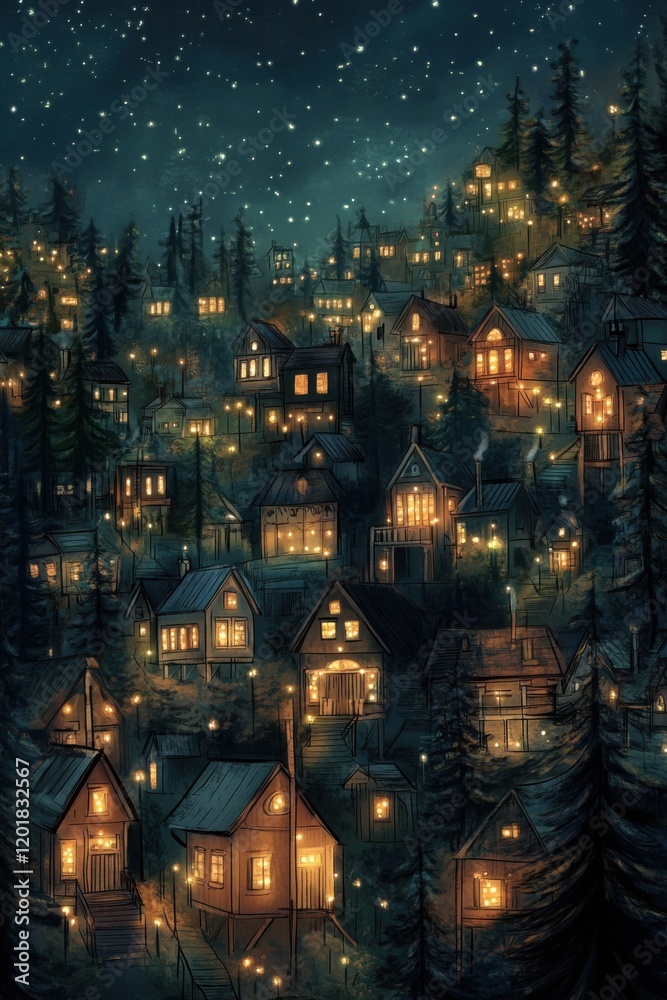 Obraz premium Enchanted Night Village: A Starry Hillside Haven