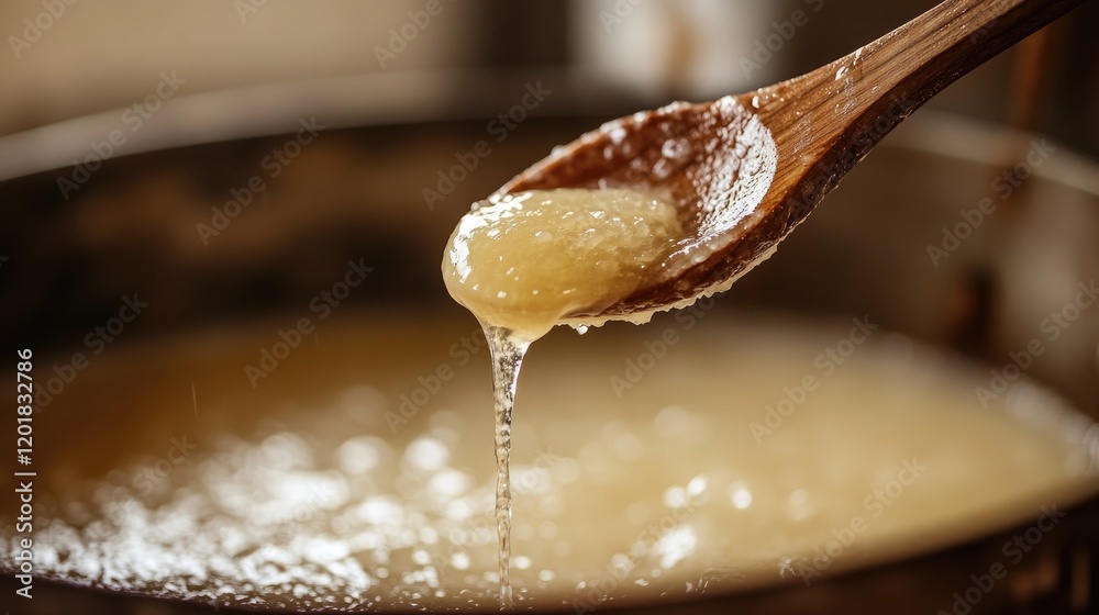 Fototapeta premium A wooden ladle dripping thick sugar syrup into a mold during processing.